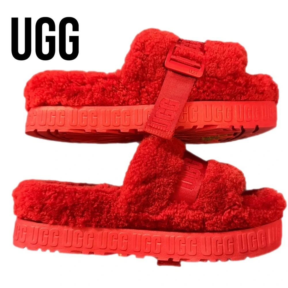 UGG Fluffita Sheep Fur Platform Slippers - Sandals Red size 9 (worn twice) - Picture 11 of 17